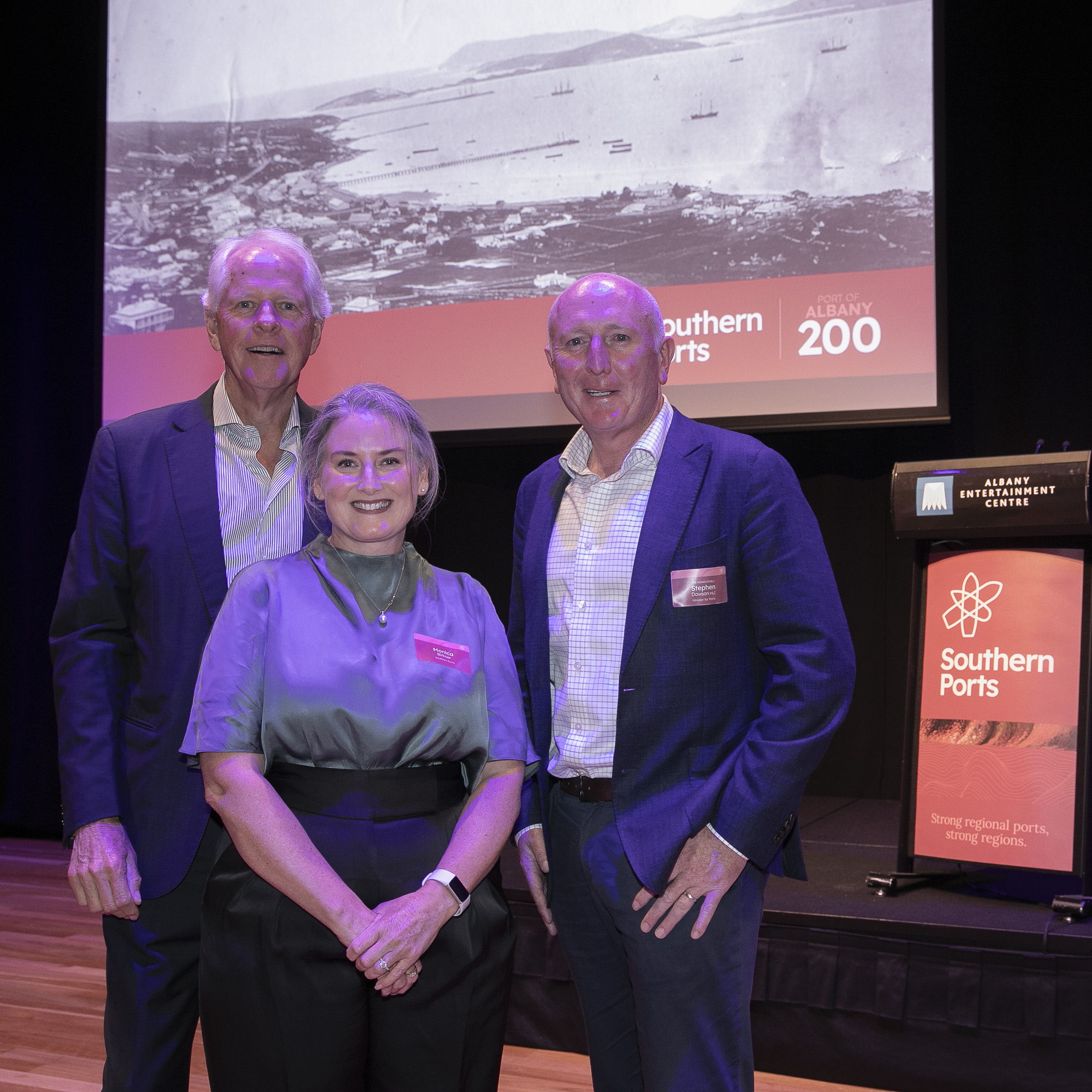 Southern Ports Board Chair Ian Shepherd, Chief People and Sustainability Officer Monica Birkner and Minister for Ports Hon Stephen Dawson MLC at Southern Ports Port of Albany 200-year celebration.