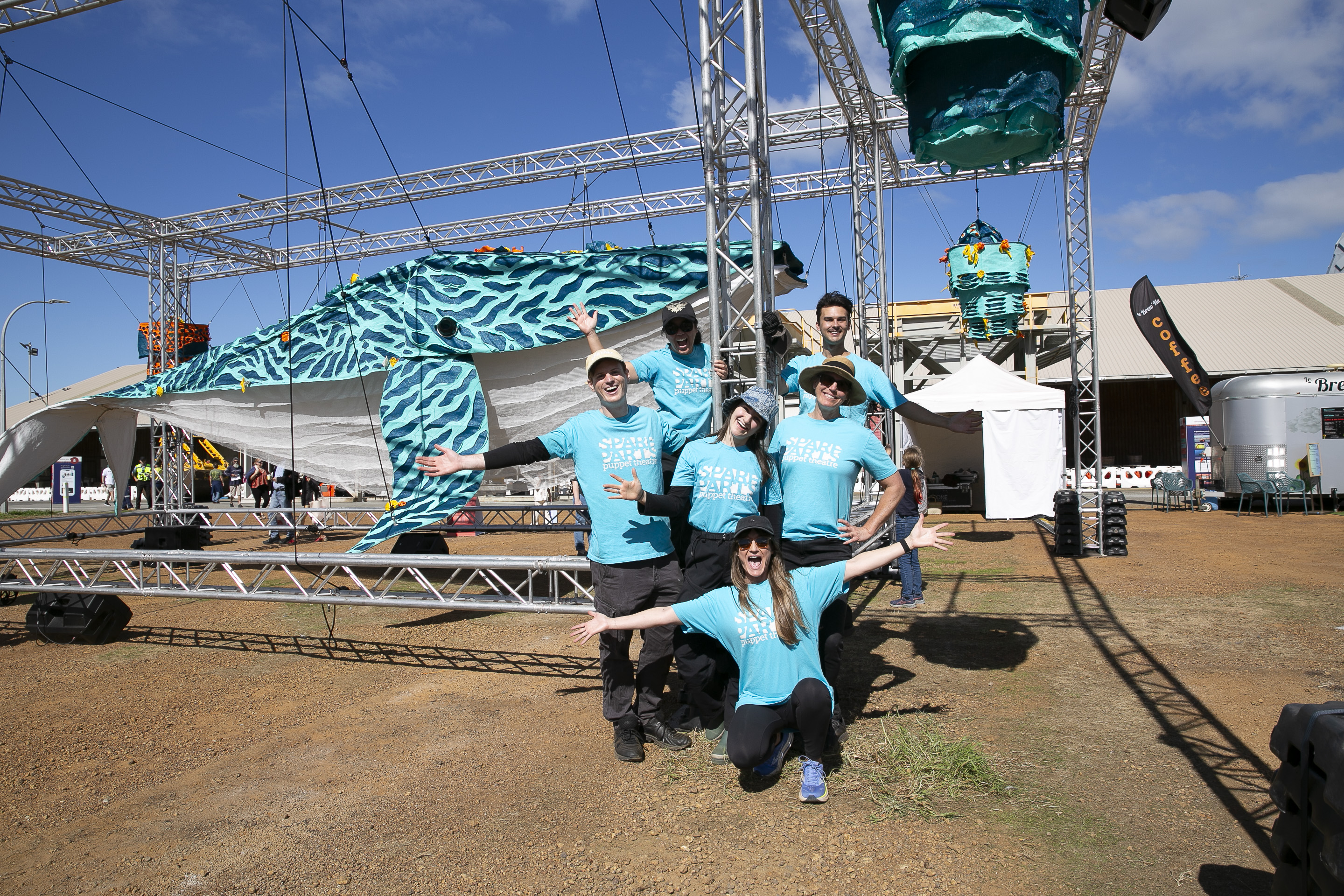 The Spare Parts Puppet Theatre team with the whale marionette puppet.